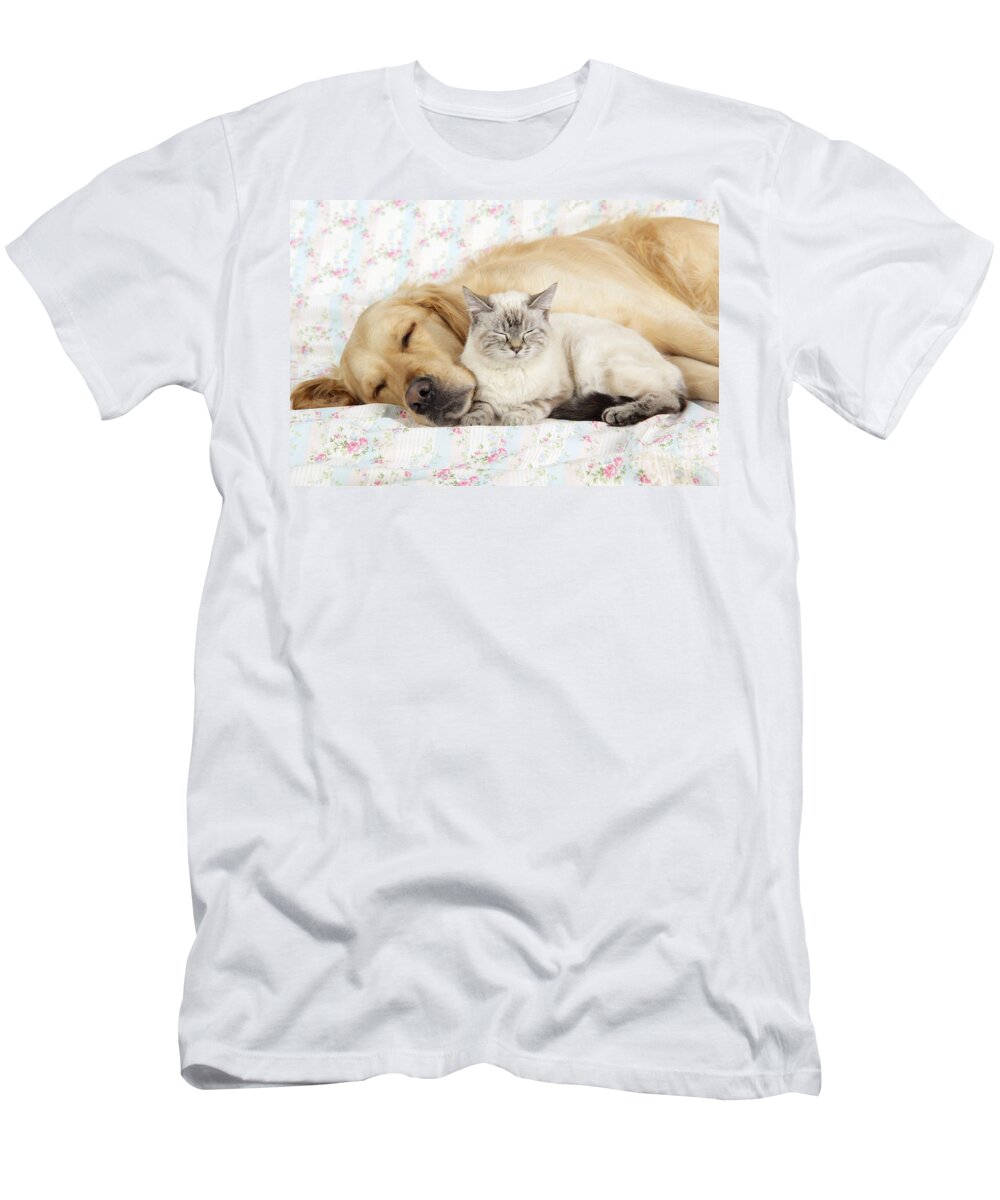 Dog T-Shirt featuring the photograph Golden Retriever And Cat by John Daniels