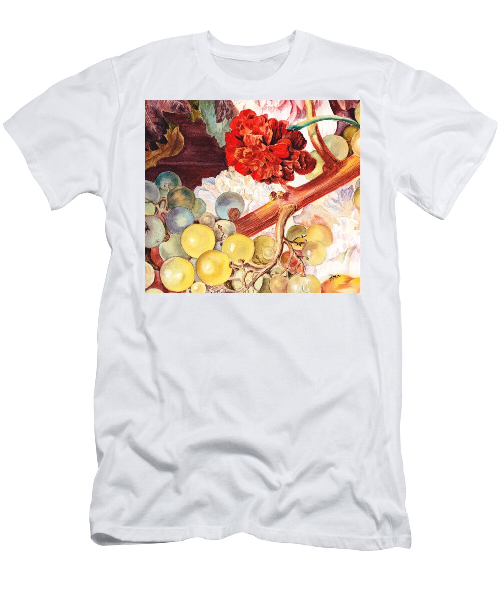 Grape T-Shirt featuring the painting Grapes and Flowers from the Old Master by Irina Sztukowski