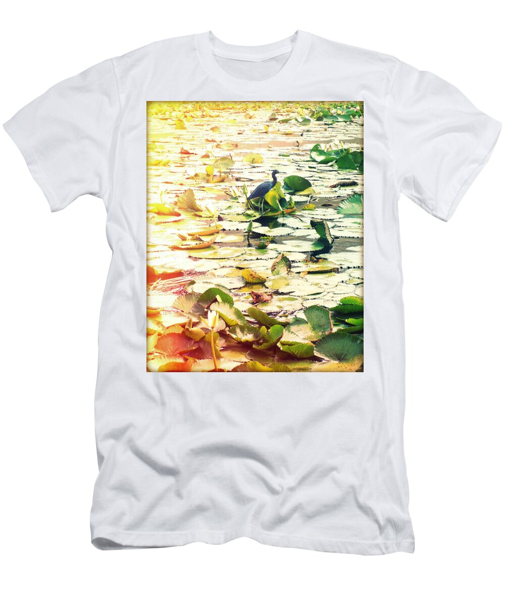 Florida T-Shirt featuring the photograph Heron Among Lillies Photography Light Leaks by Chris Andruskiewicz
