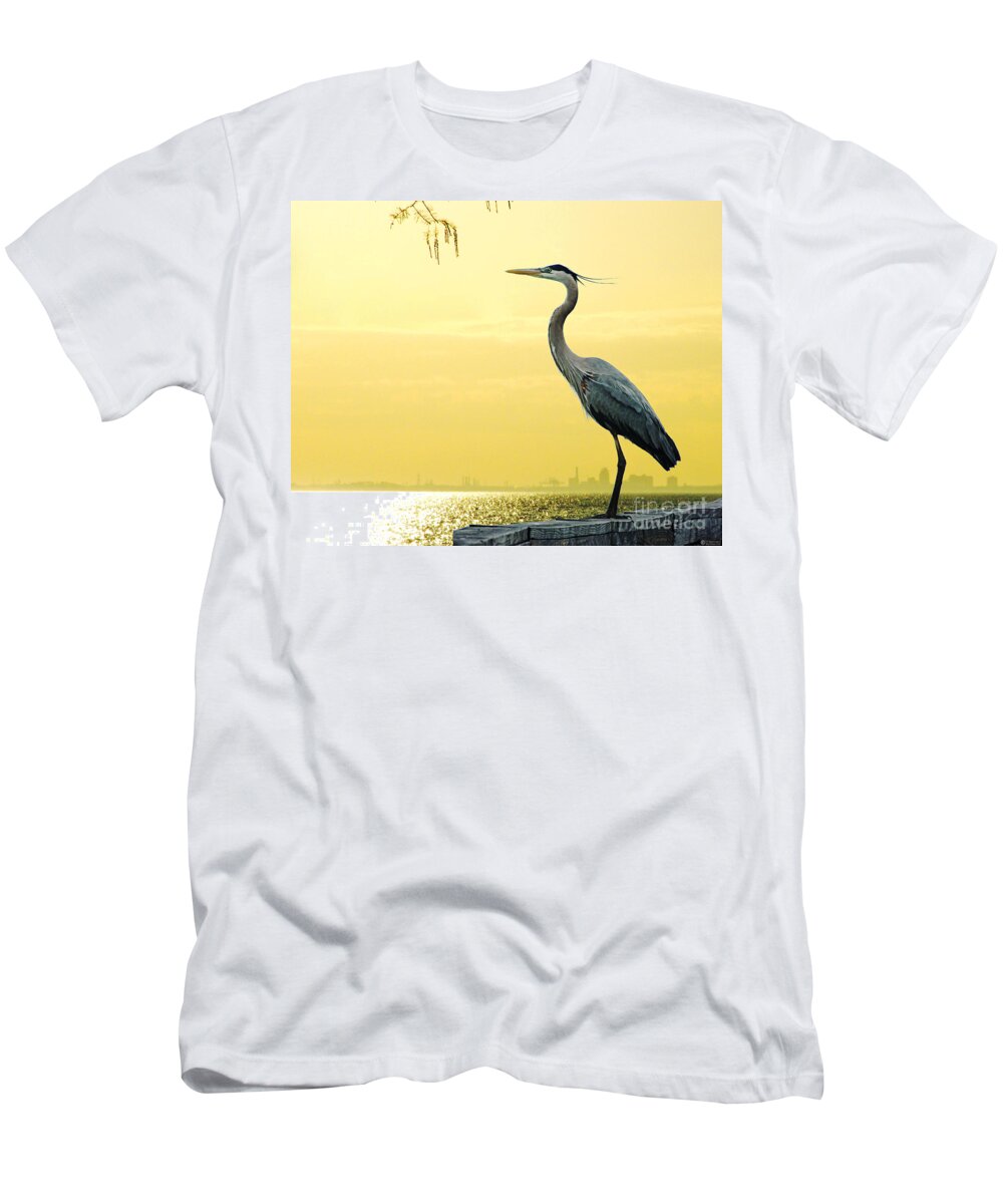 Great Blue Heron T-Shirt featuring the digital art Heron on Mobile Bay at Fairhope AL by Lizi Beard-Ward