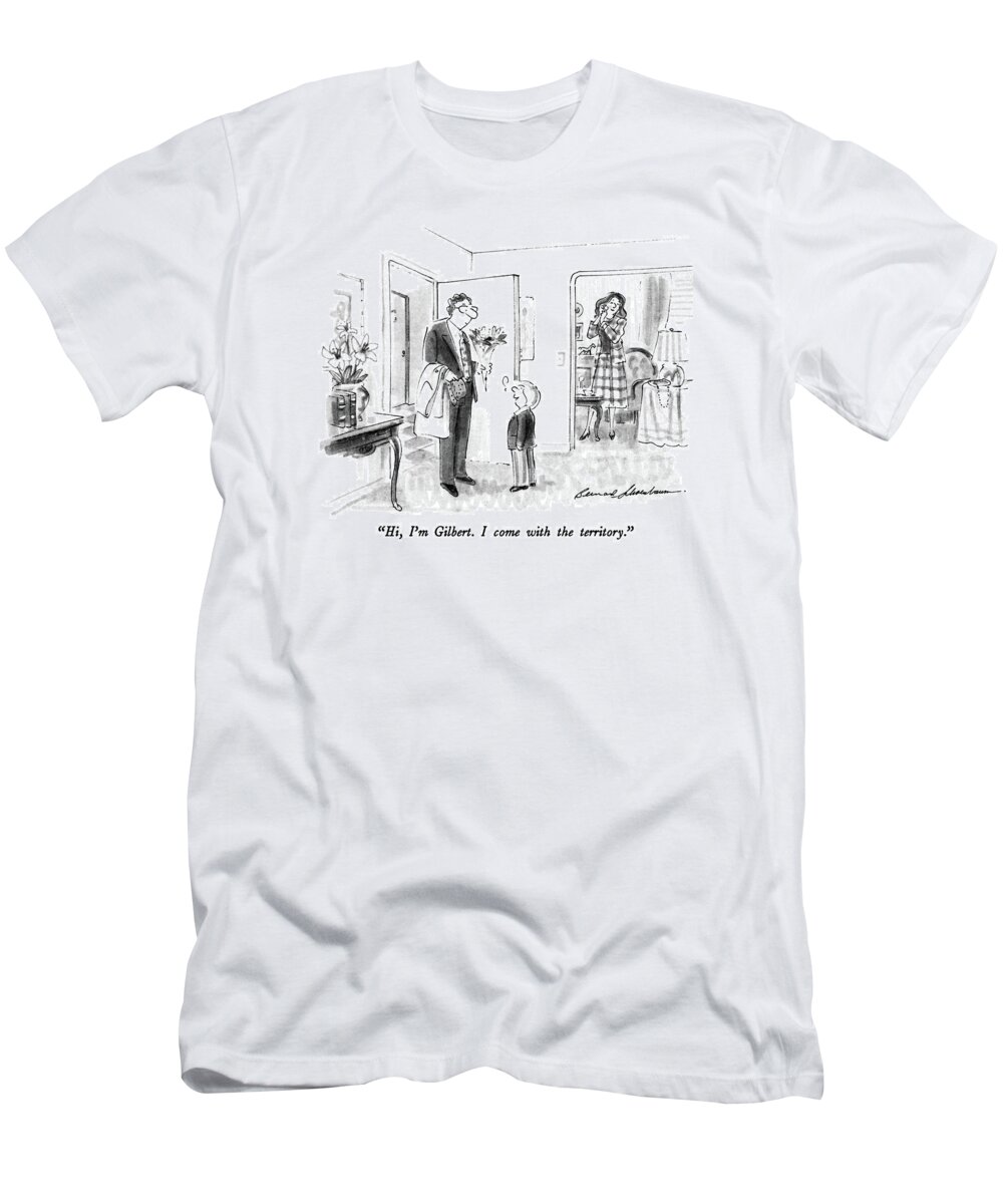 
(man At Door Of Apartment With Flowers In Hand Being Met By Son Of Single Parent He Is Dating T-Shirt featuring the drawing Hi, I'm Gilbert. I Come With The Territory by Bernard Schoenbaum