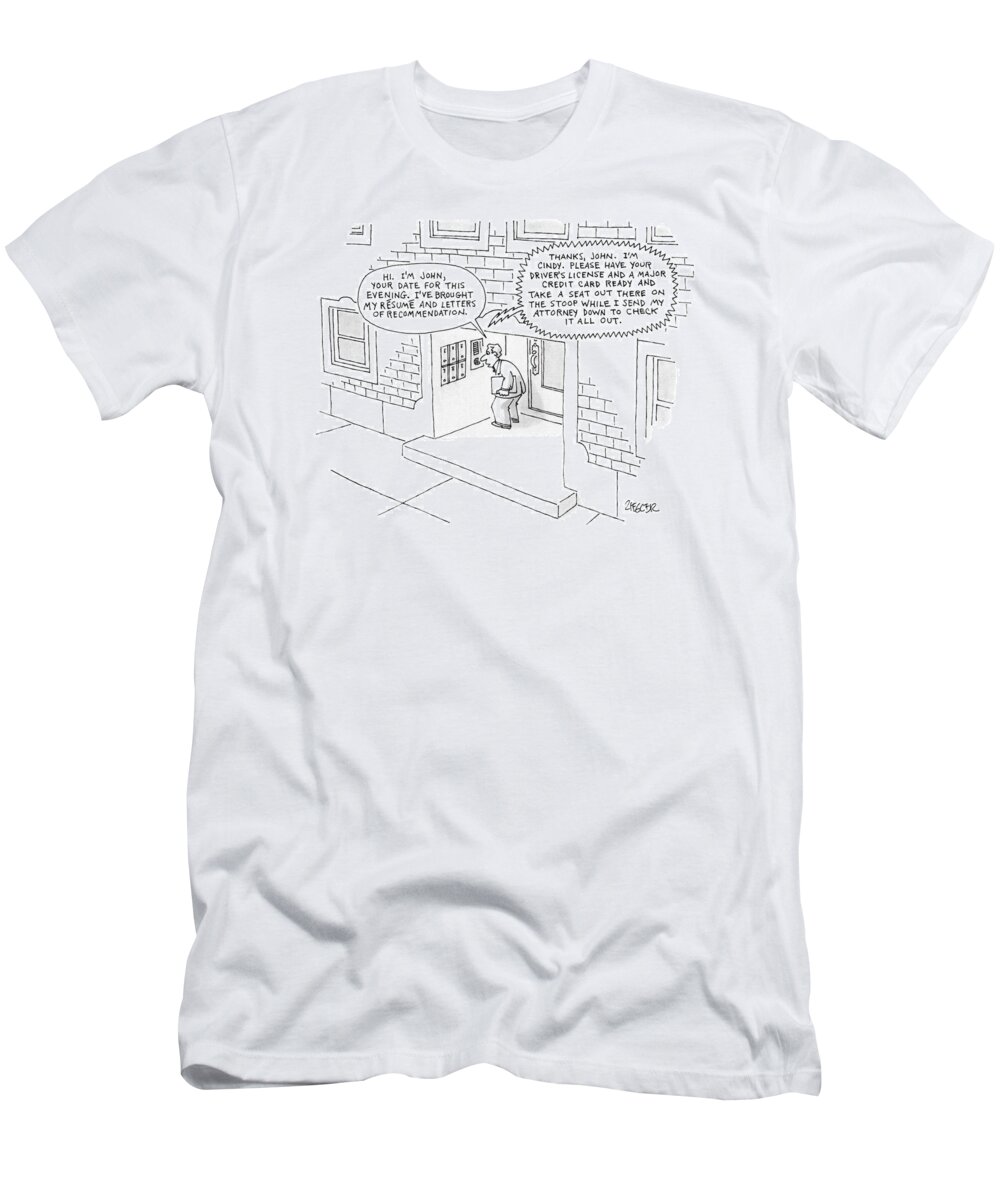 Apartment Building T-Shirt featuring the drawing 'hi. I'm John by Jack Ziegler