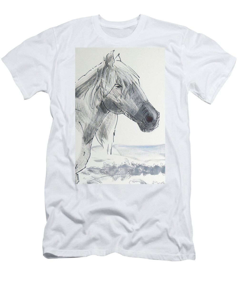 White T-Shirt featuring the painting Horse Head Drawing by Mike Jory