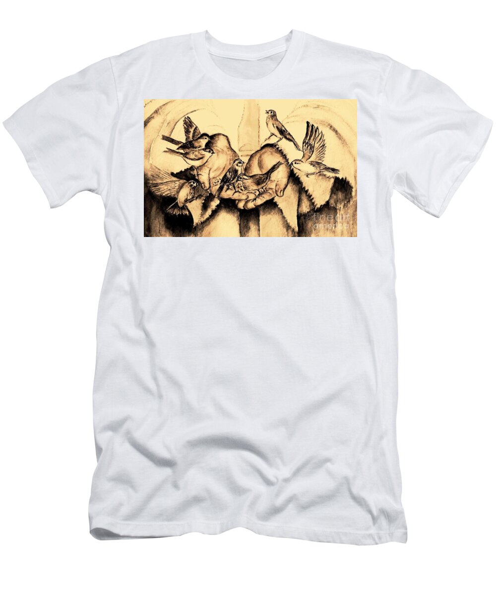 Birds T-Shirt featuring the painting How Much He Cares For You by Hazel Holland