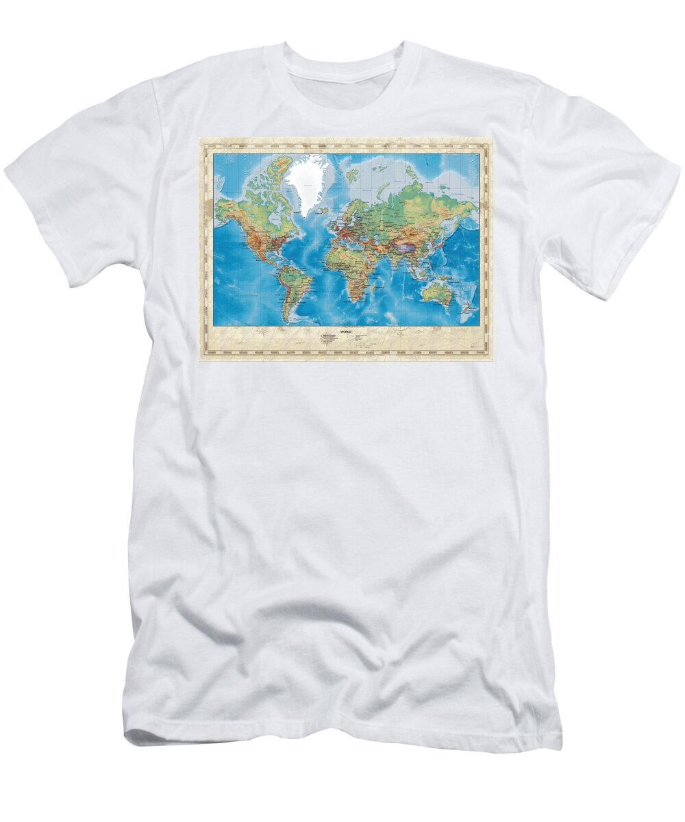 C7 Maps - Cartography Of Past And Present T-Shirt featuring the digital art Huge Hi Res Mercator Projection Physical and Political Relief World Map by Serge Averbukh