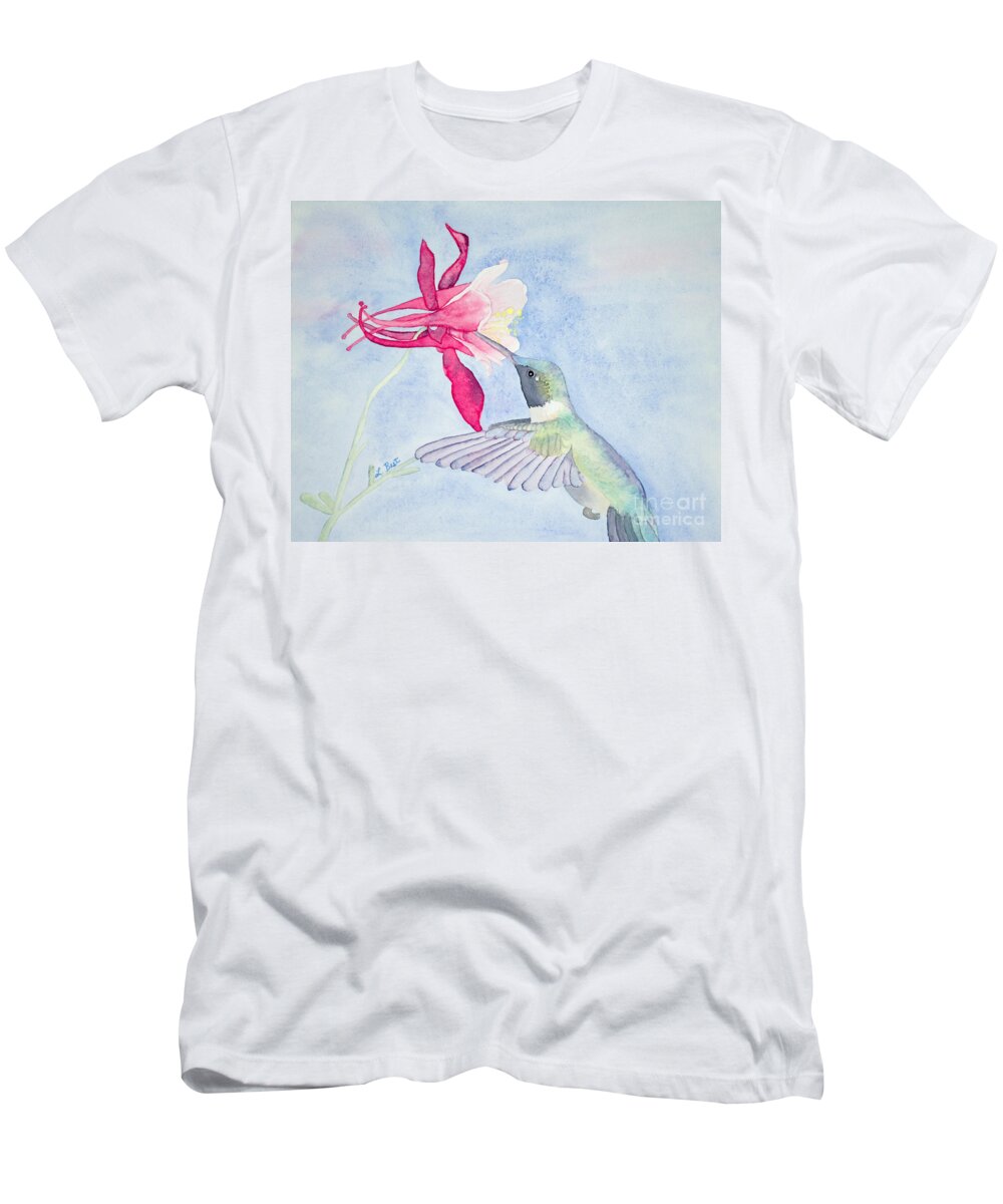 Ruby-throated T-Shirt featuring the painting Hummingbird and Columbine by Laurel Best