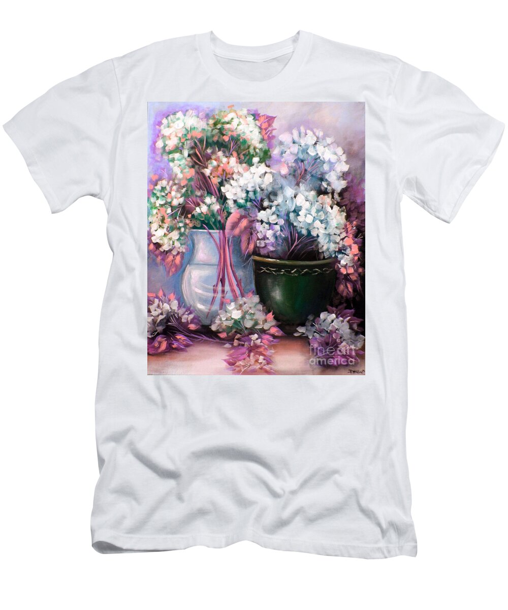 Hydrangeas T-Shirt featuring the painting Hydrangeas Still Life Pink by Bella Apollonia