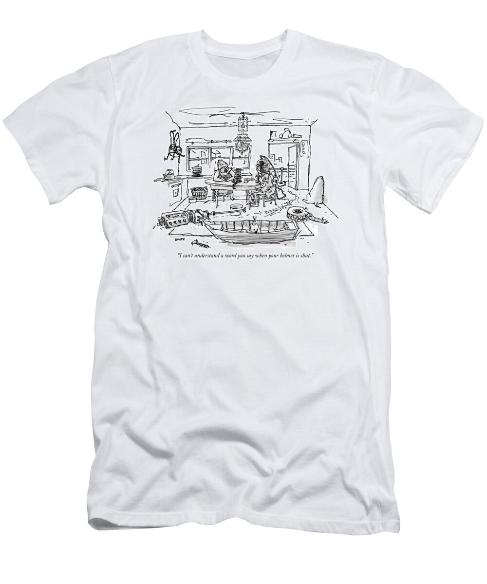 Helmets T-Shirt featuring the drawing I Can't Understand A Word You Say When by George Booth