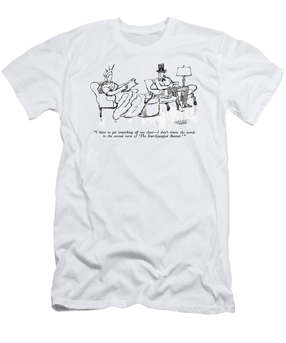 America T-Shirt featuring the drawing I Have To Get Something Off My Chest - I Don't by Mischa Richter