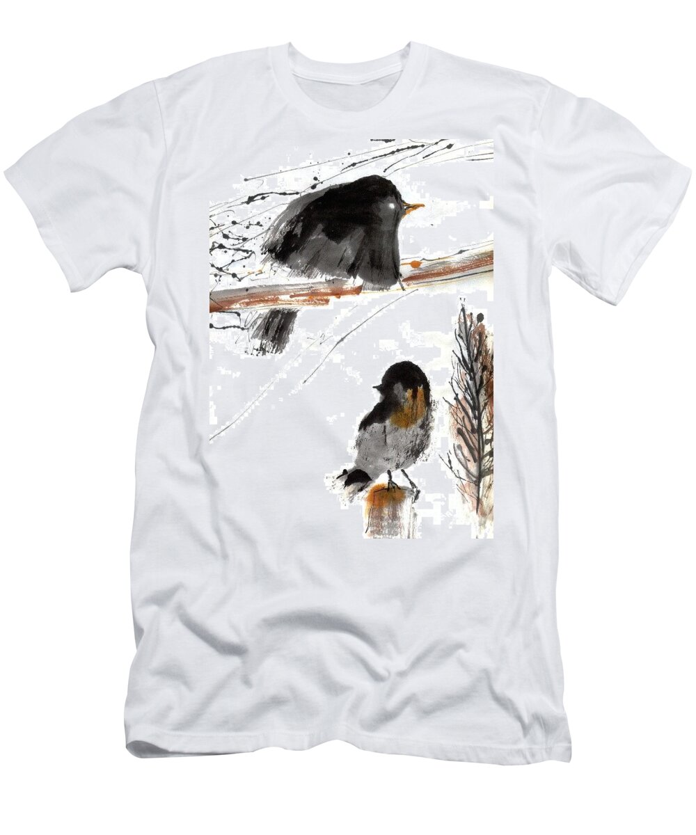 Ink Drawings T-Shirt featuring the drawing Birds in winter by Karina Plachetka