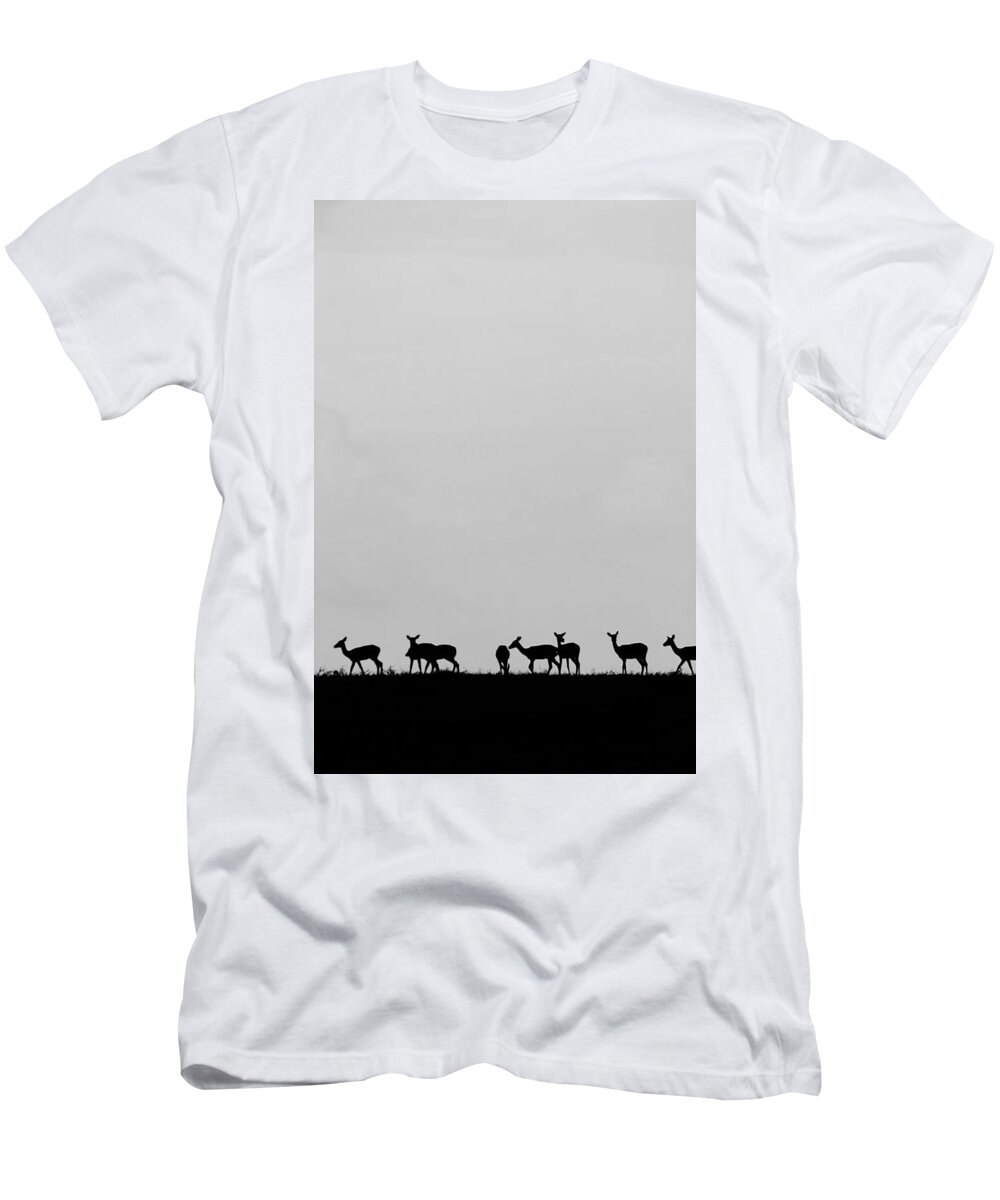 Walking Impala T-Shirt featuring the photograph Impala Going Home In Black And White. by Amanda Stadther