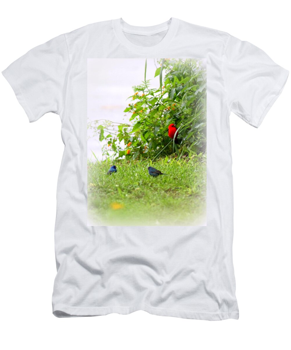 Indigo Bunting T-Shirt featuring the photograph Indigo Bunting and Scarlet Tanager by Travis Truelove