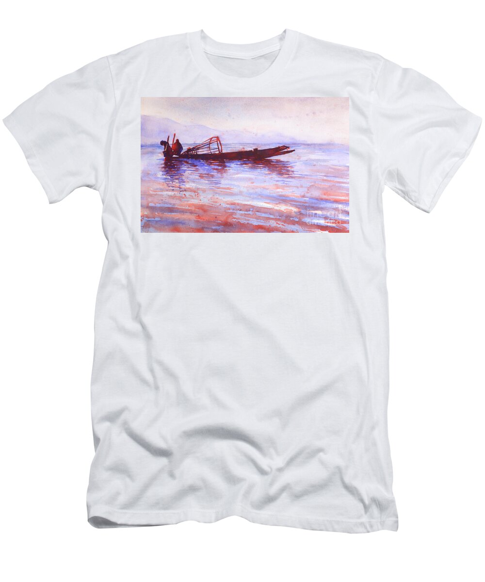 Alvaro Castagnet T-Shirt featuring the painting Inle Lake Rowers- Myanmar by Ryan Fox