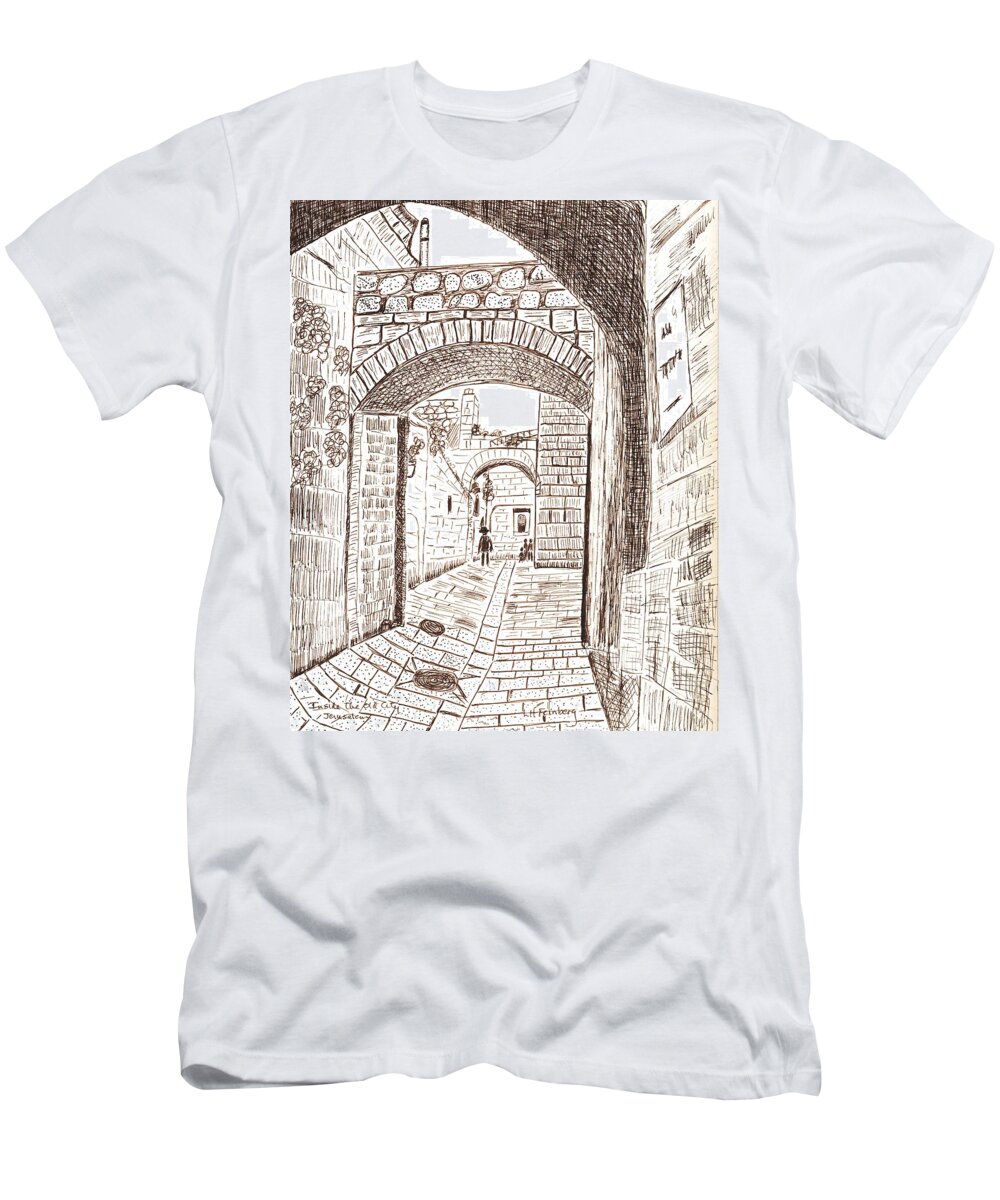 Landscape T-Shirt featuring the painting Inside the Old City - Jerusalem by Linda Feinberg