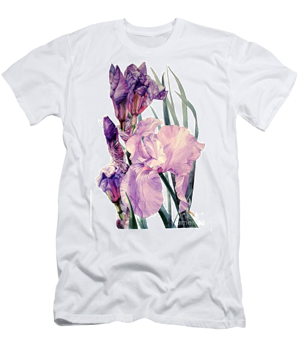 Watercolor T-Shirt featuring the painting Watercolor of an elegant Tall Bearded Iris in pink and purple I call Iris Joan Sutherland by Greta Corens