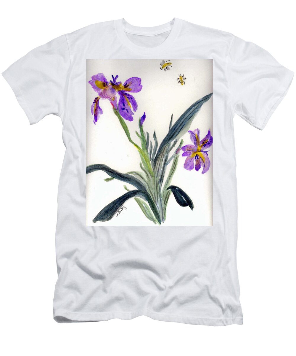 Flowers T-Shirt featuring the painting Iris with two bees by Linda Feinberg