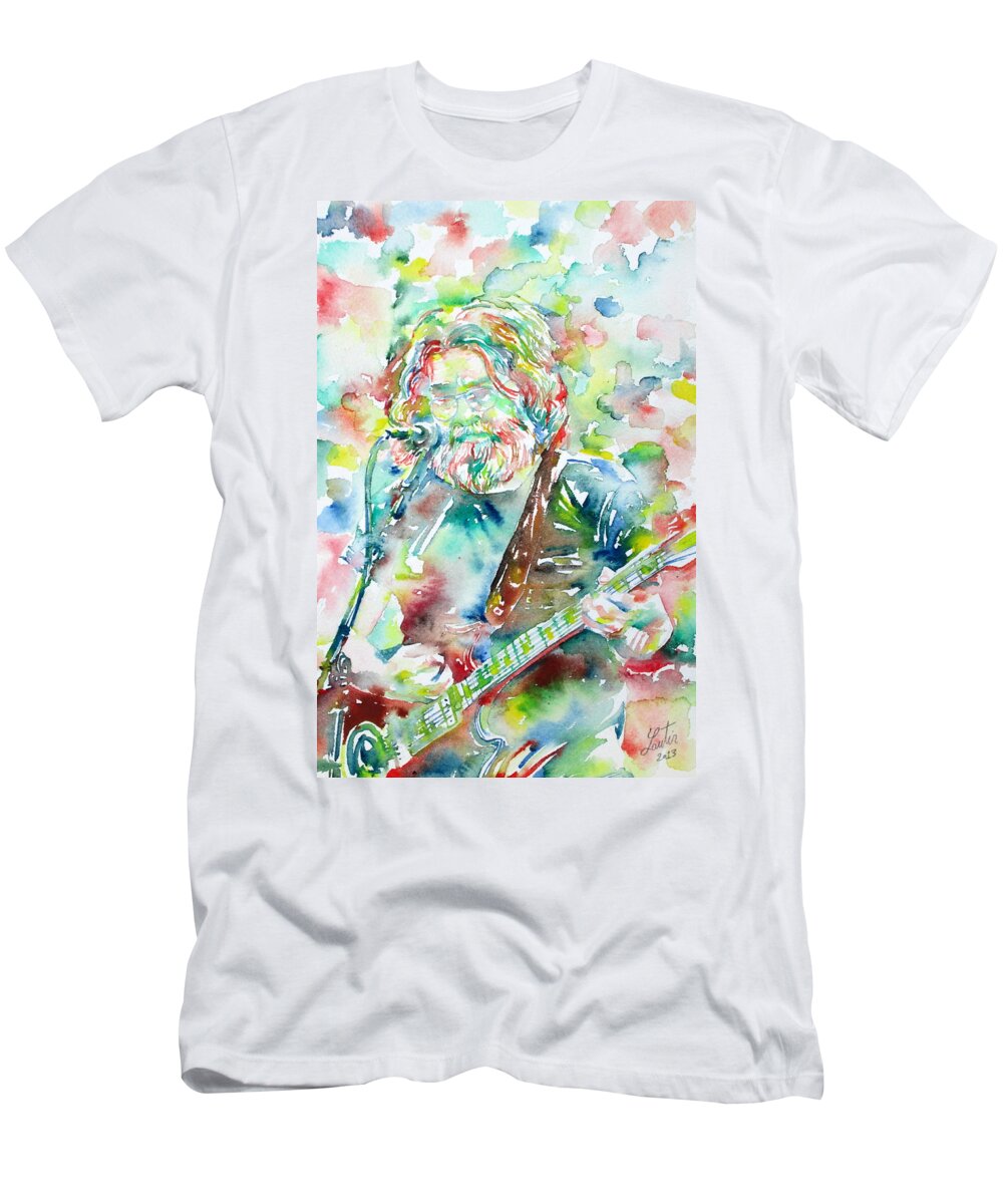 Jerry T-Shirt featuring the painting JERRY GARCIA PLAYING the GUITAR watercolor portrait.2 by Fabrizio Cassetta