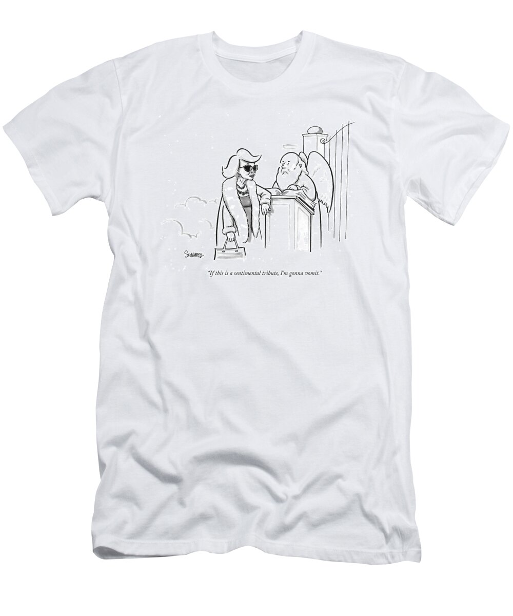 Joan Rivers T-Shirt featuring the drawing Joan Rivers At The Gates Of Heaven by Benjamin Schwartz