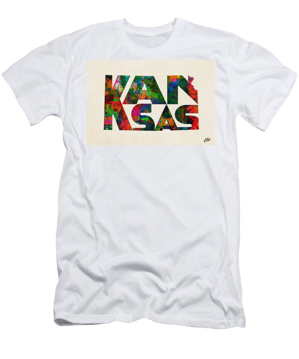 Kansas T-Shirt featuring the painting Kansas Typographic Watercolor Map by Inspirowl Design