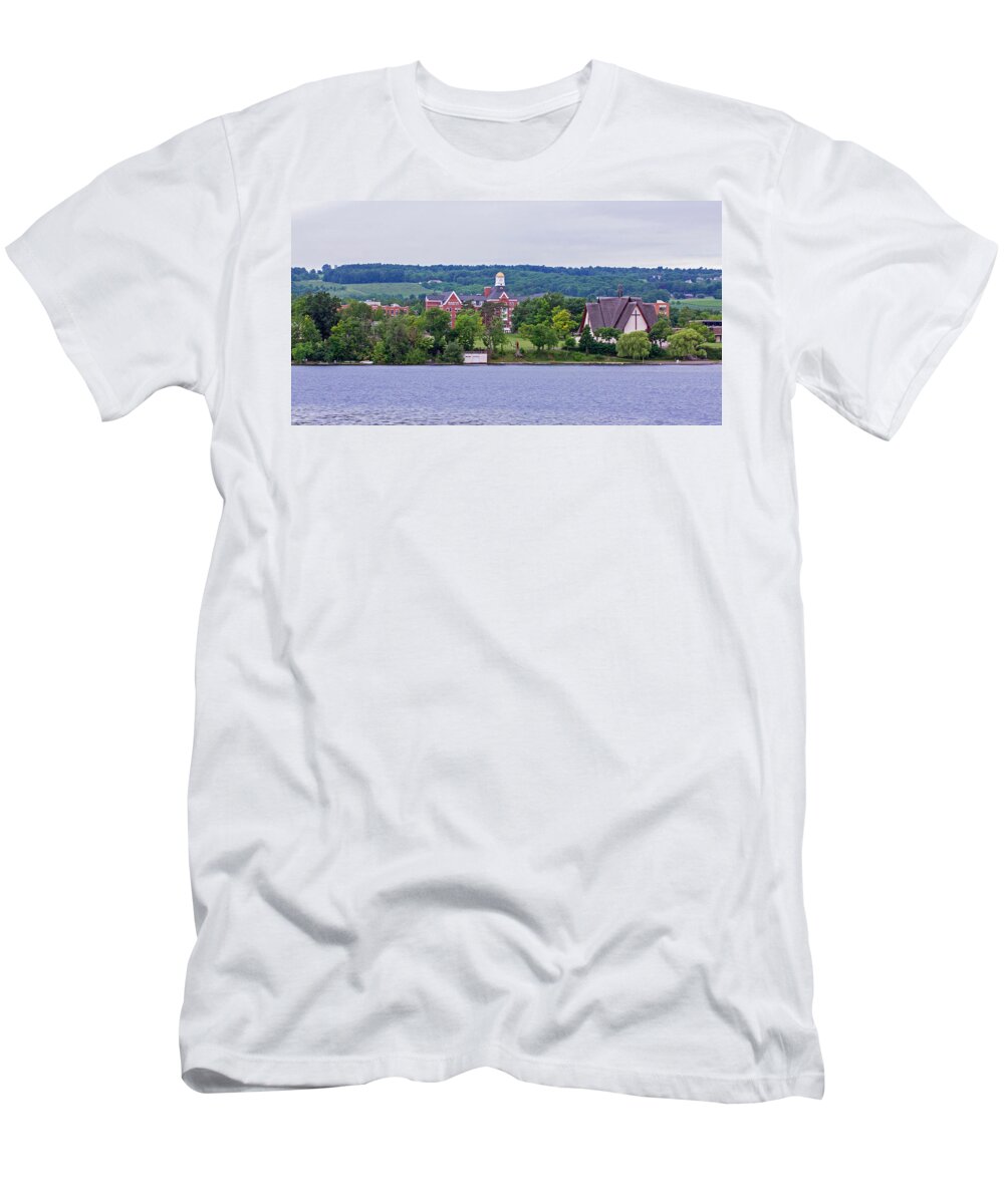 Keuka T-Shirt featuring the photograph Keuka College - Ball Hall and Norton Chapel from the lake by Photographic Arts And Design Studio