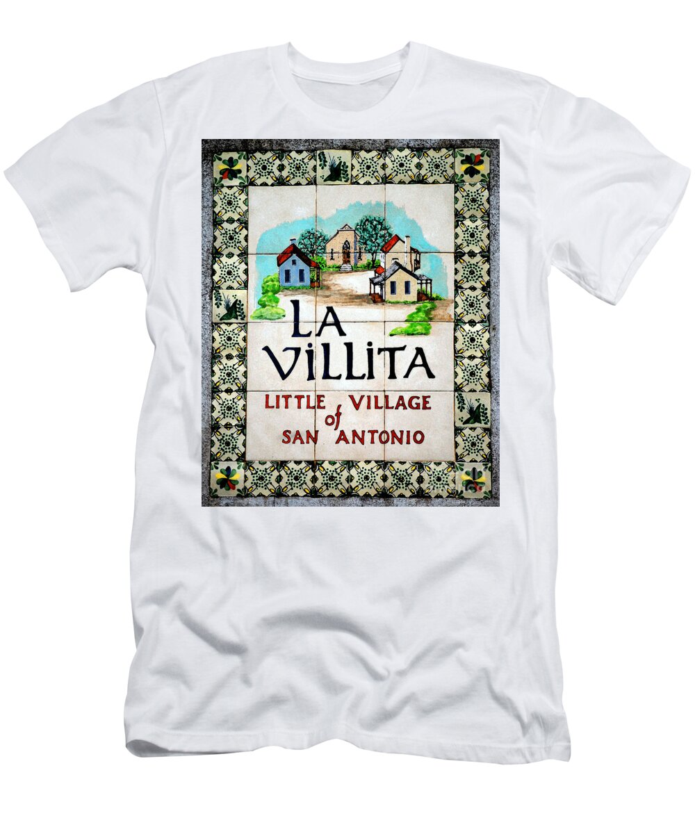 San Antonio T-Shirt featuring the digital art La Villita Tile Sign on the Riverwalk San Antonio Texas Watercolor Digital Art by Shawn O'Brien