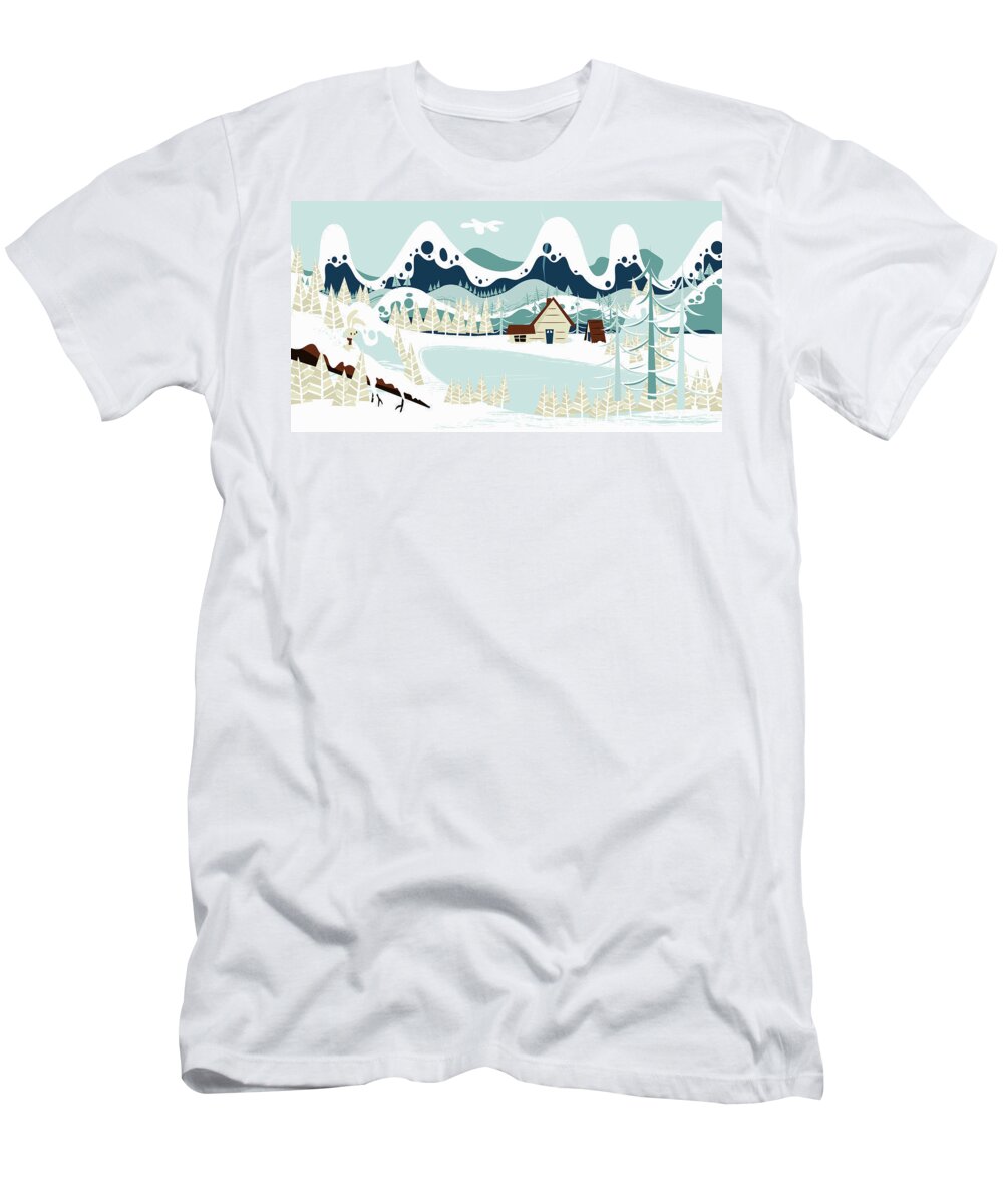 Alpine T-Shirt featuring the photograph Lakeside Cabin Below Mountains In Snow by Ikon Ikon Images