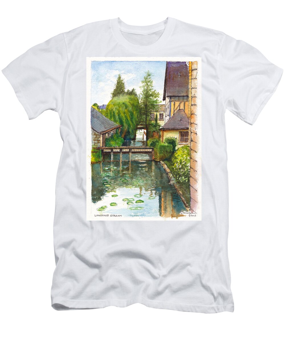 Stream T-Shirt featuring the painting Langeais Stream in the Loire Valley of France by Dai Wynn