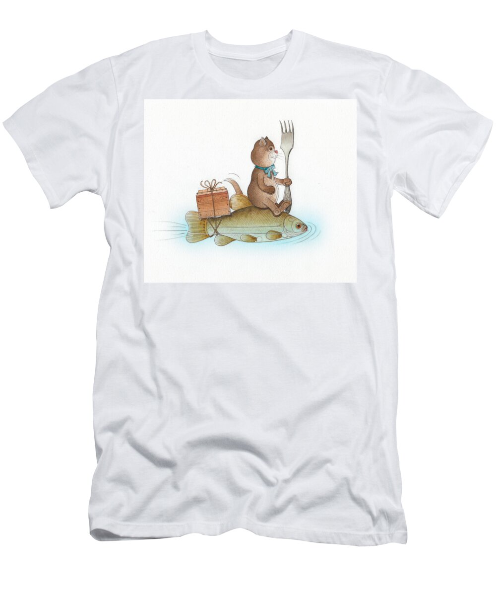 Cats Fish Water Travel Trip Tour Journey Voyage River Breakfast T-Shirt featuring the painting Lazy Cats04 by Kestutis Kasparavicius