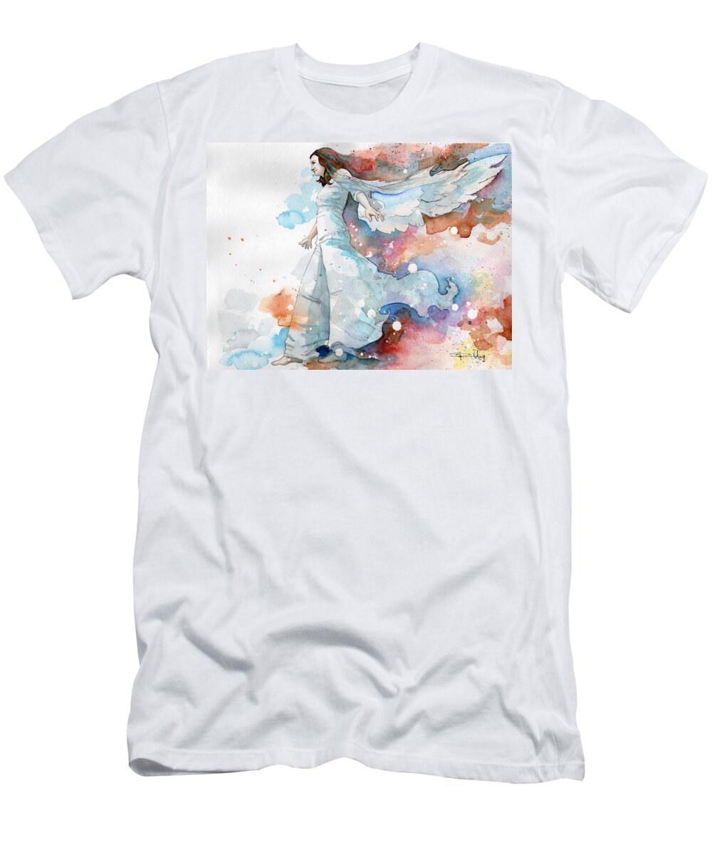 Angel T-Shirt featuring the painting Life the Universe and Everything by Sean Parnell