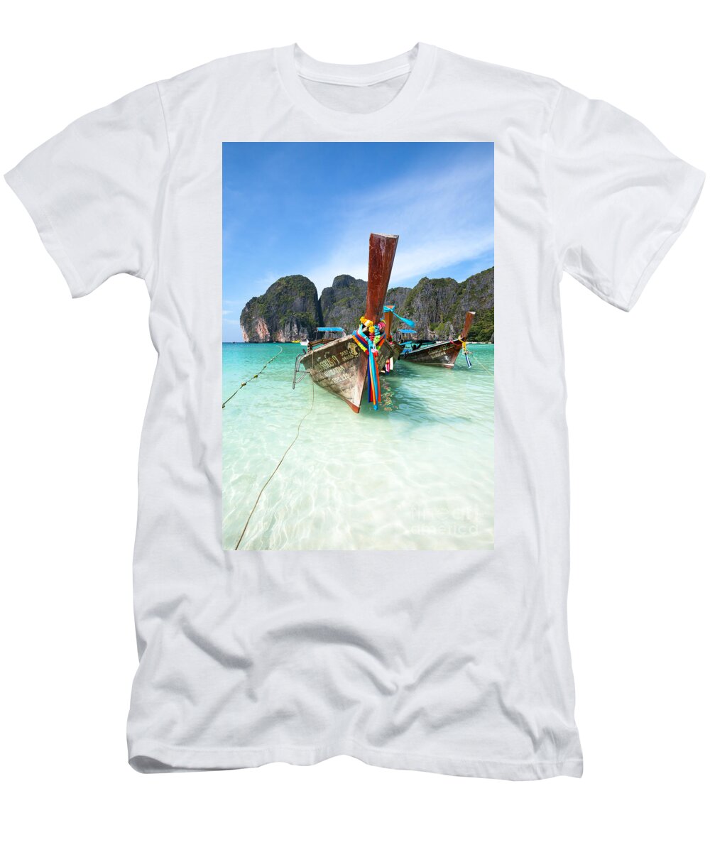 Thailand T-Shirt featuring the photograph Long tail boats at Maya beach - Ko phi phi - Thailand by Matteo Colombo