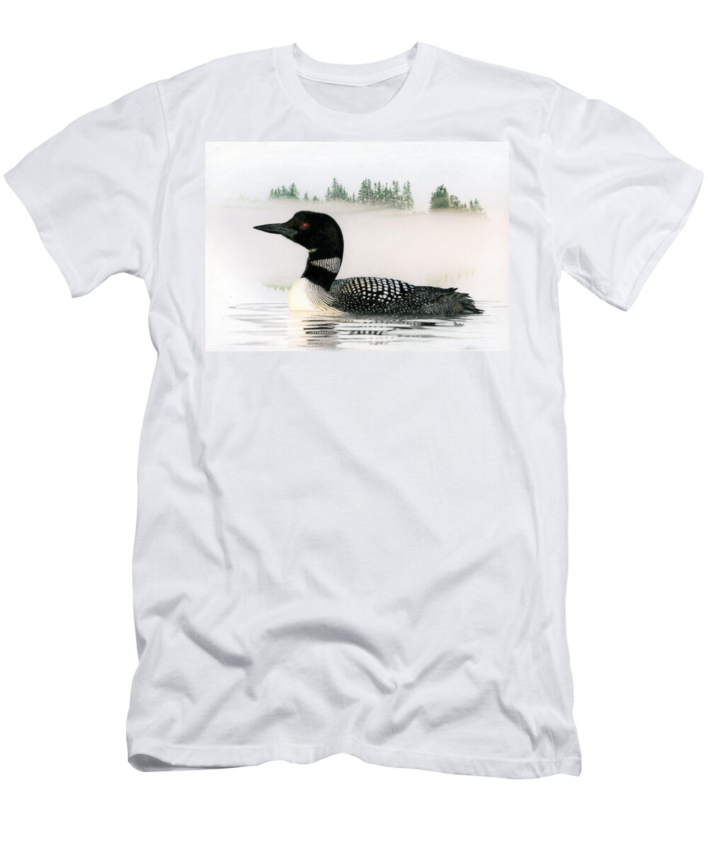 Loon T-Shirt featuring the drawing Loon in Fog by Brent Ander