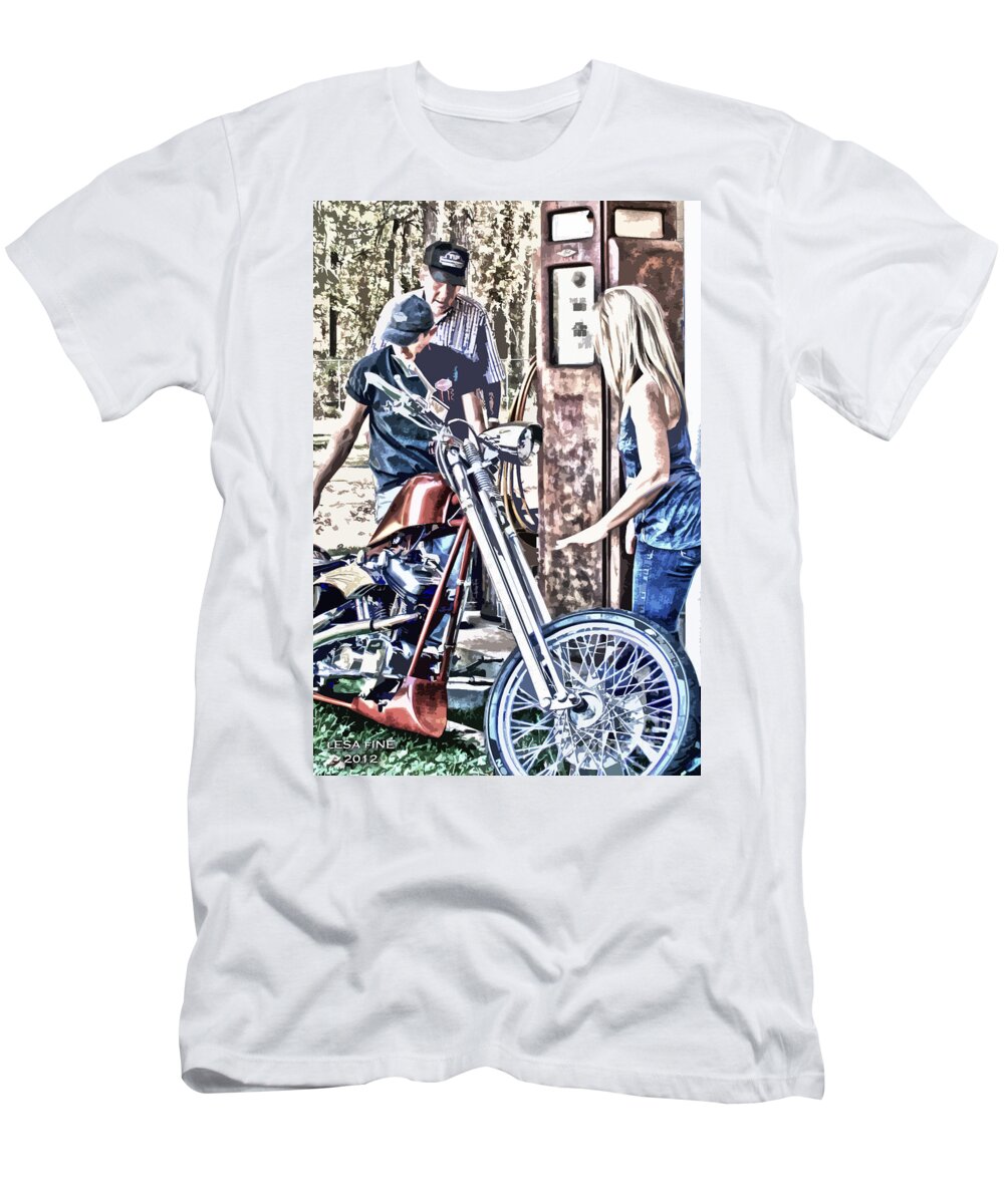 Motorcycle T-Shirt featuring the photograph M is For Motorcycle and Shes Cheap on Gas by Lesa Fine