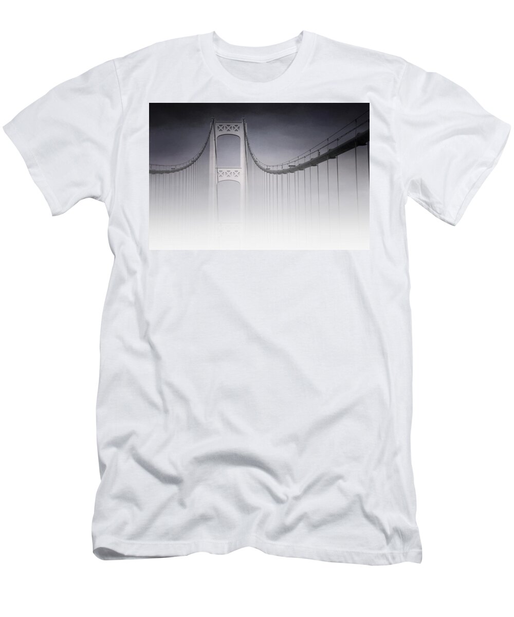 Evie T-Shirt featuring the photograph Mackinac Bridge in the Fog Michigan by Evie Carrier