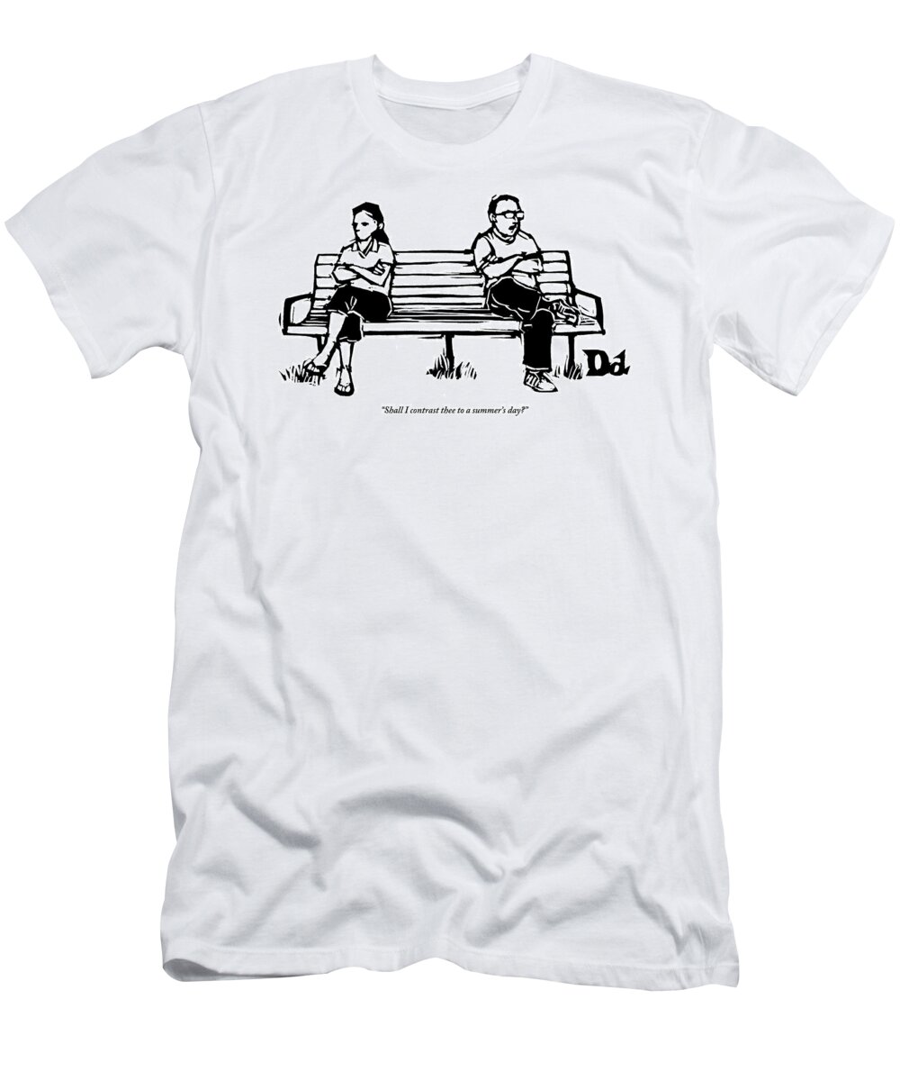 Fights T-Shirt featuring the drawing Man And Woman Sit On Bench Opposite One Another by Drew Dernavich