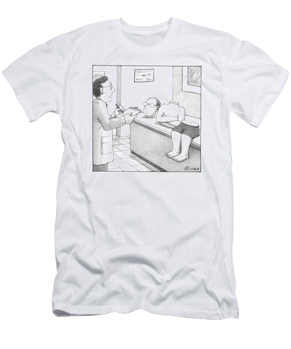Magic T-Shirt featuring the drawing Man Divided Into Three Parts On A Doctor's Table by Harry Bliss