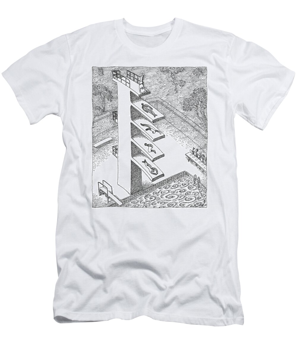 Swimming T-Shirt featuring the drawing Man Does A Handstand On Top Of A Four Tiered by John O'Brien