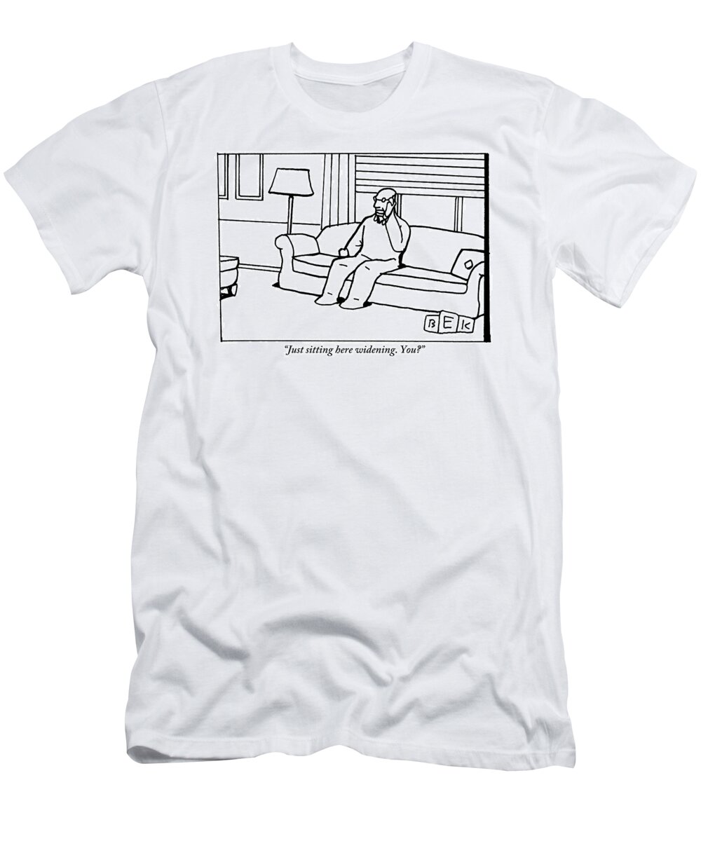 Sitting T-Shirt featuring the drawing Man Sits In Chair In Living Room Talking On Phone by Bruce Eric Kaplan