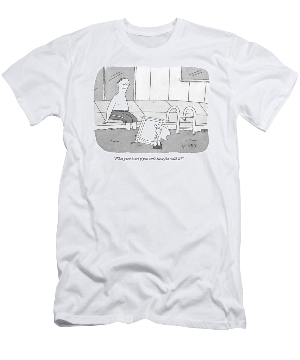 Art T-Shirt featuring the drawing Man Sits On The Edge Of A Swimming Pool by Peter C. Vey