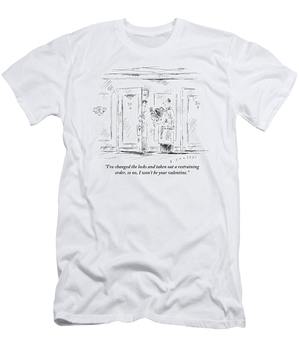 Valentines T-Shirt featuring the drawing Man Stands Outside Woman's Apartment by Barbara Smaller