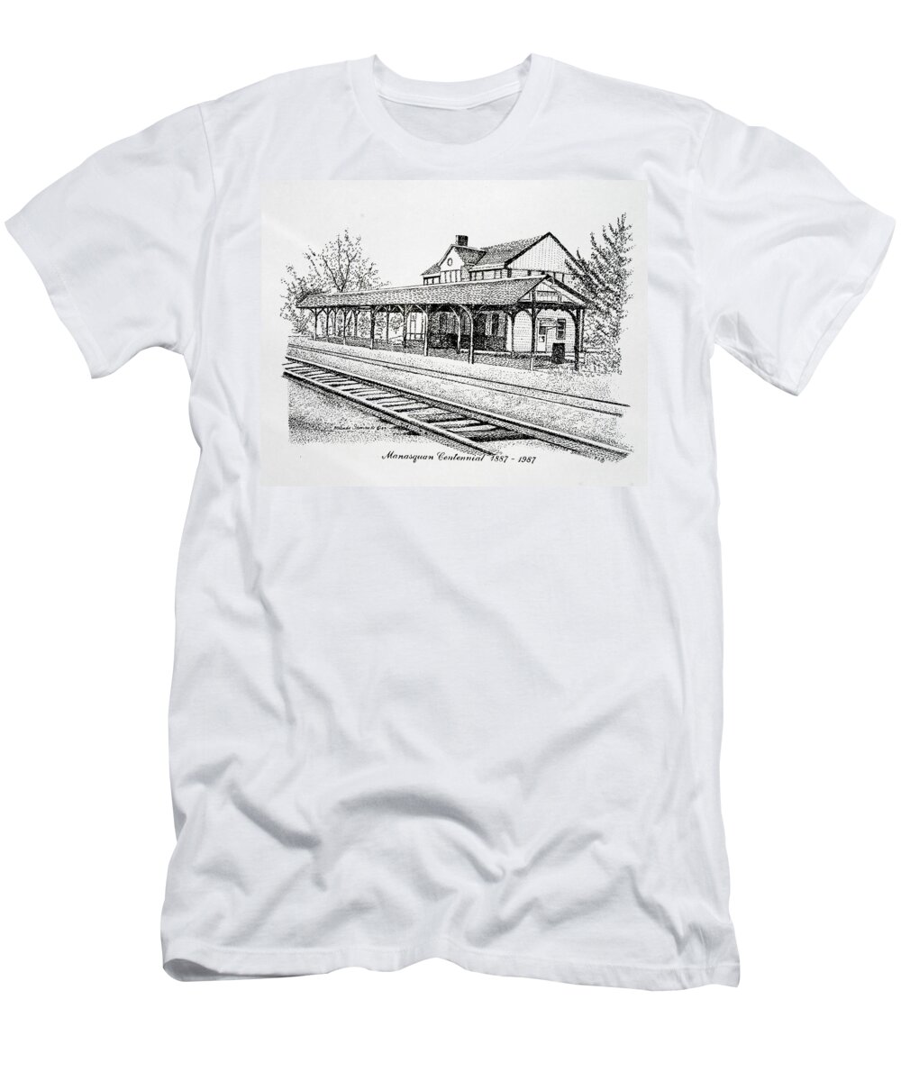 Manasquan Train Station T-Shirt featuring the drawing Manasquan Train Station by Melinda Saminski