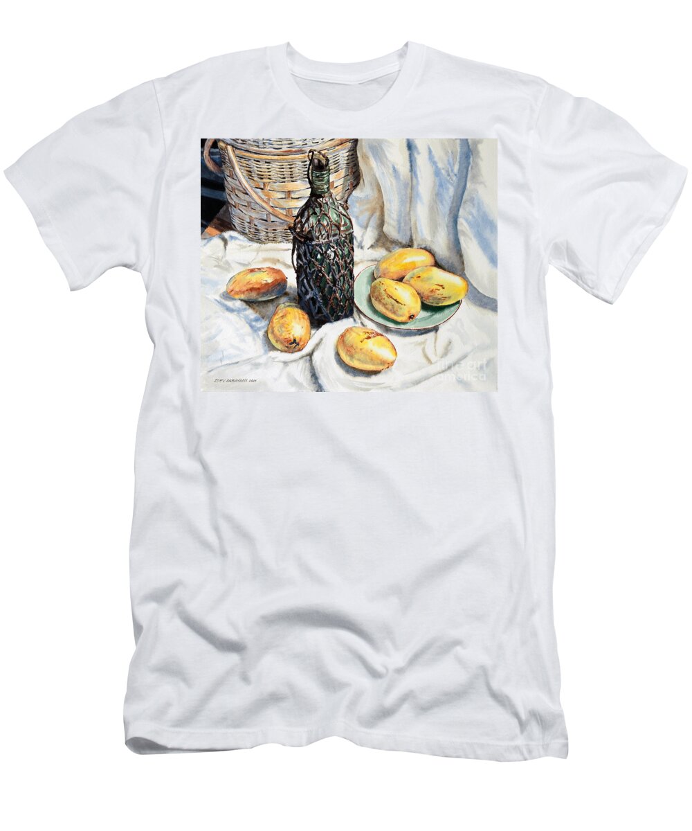 Mangoes T-Shirt featuring the painting Mangoes and a Bottle of Liqueur by Joey Agbayani