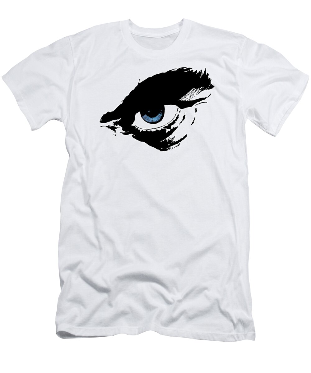 Eye T-Shirt featuring the mixed media Man's Blue Angry Eye by Nenad Cerovic