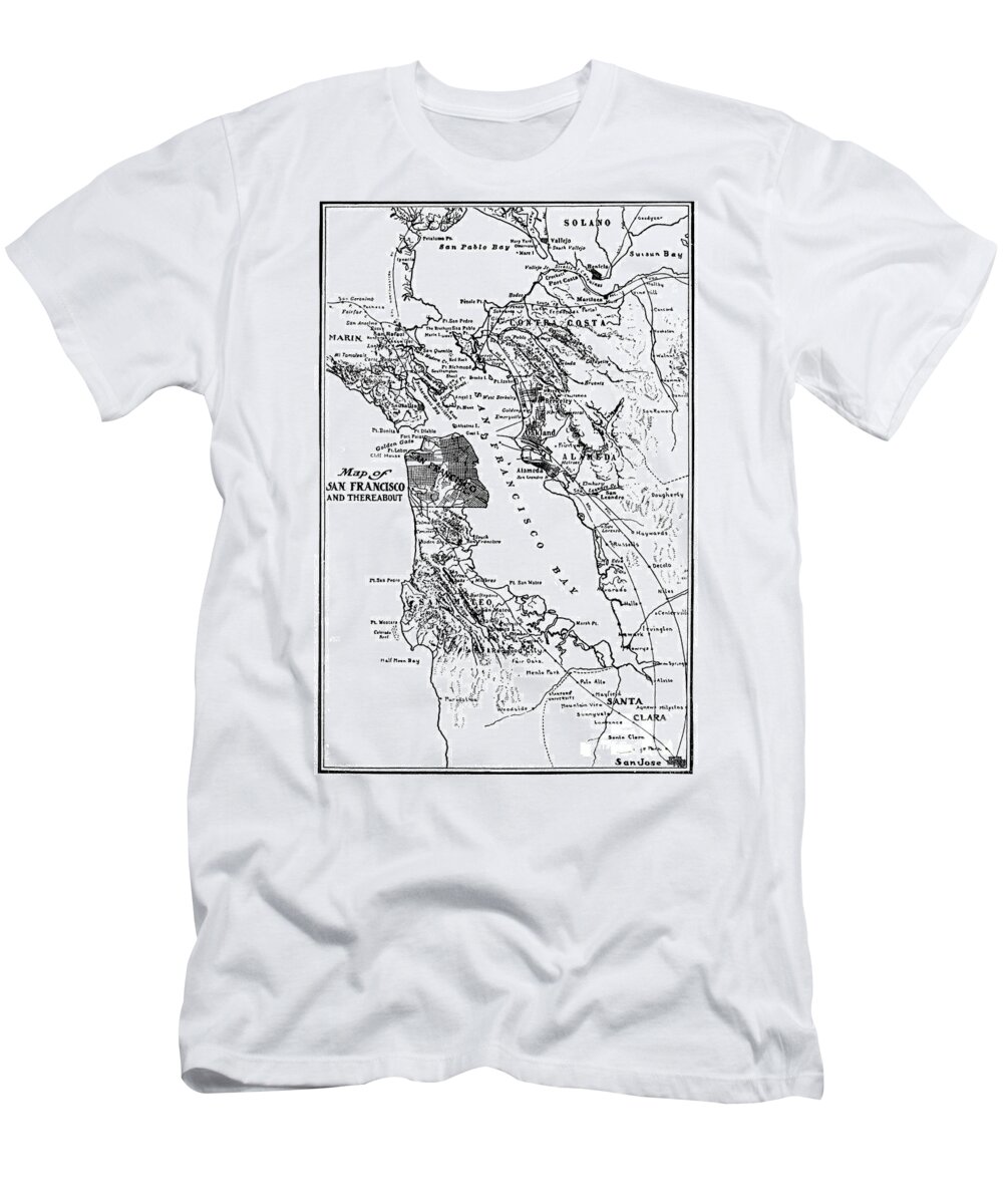 San Francisco T-Shirt featuring the photograph Map of San Francisco Bay and There about circa 1905 by Monterey County Historical Society