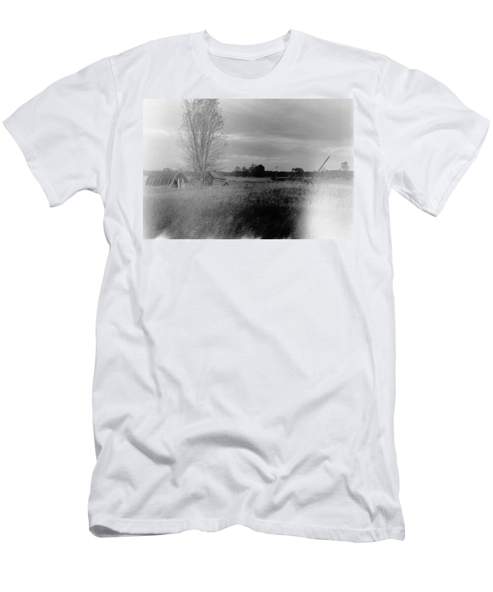 B&w T-Shirt featuring the photograph Maple Ridge Rd farm by Daniel Thompson