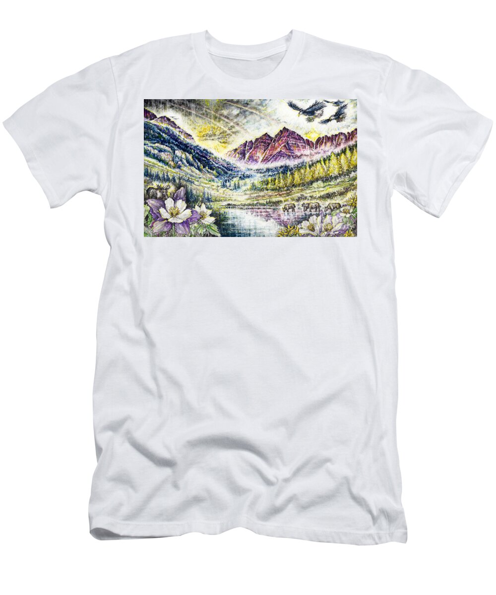 Landscape T-Shirt featuring the drawing Maroon Bells by Scott and Dixie Wiley