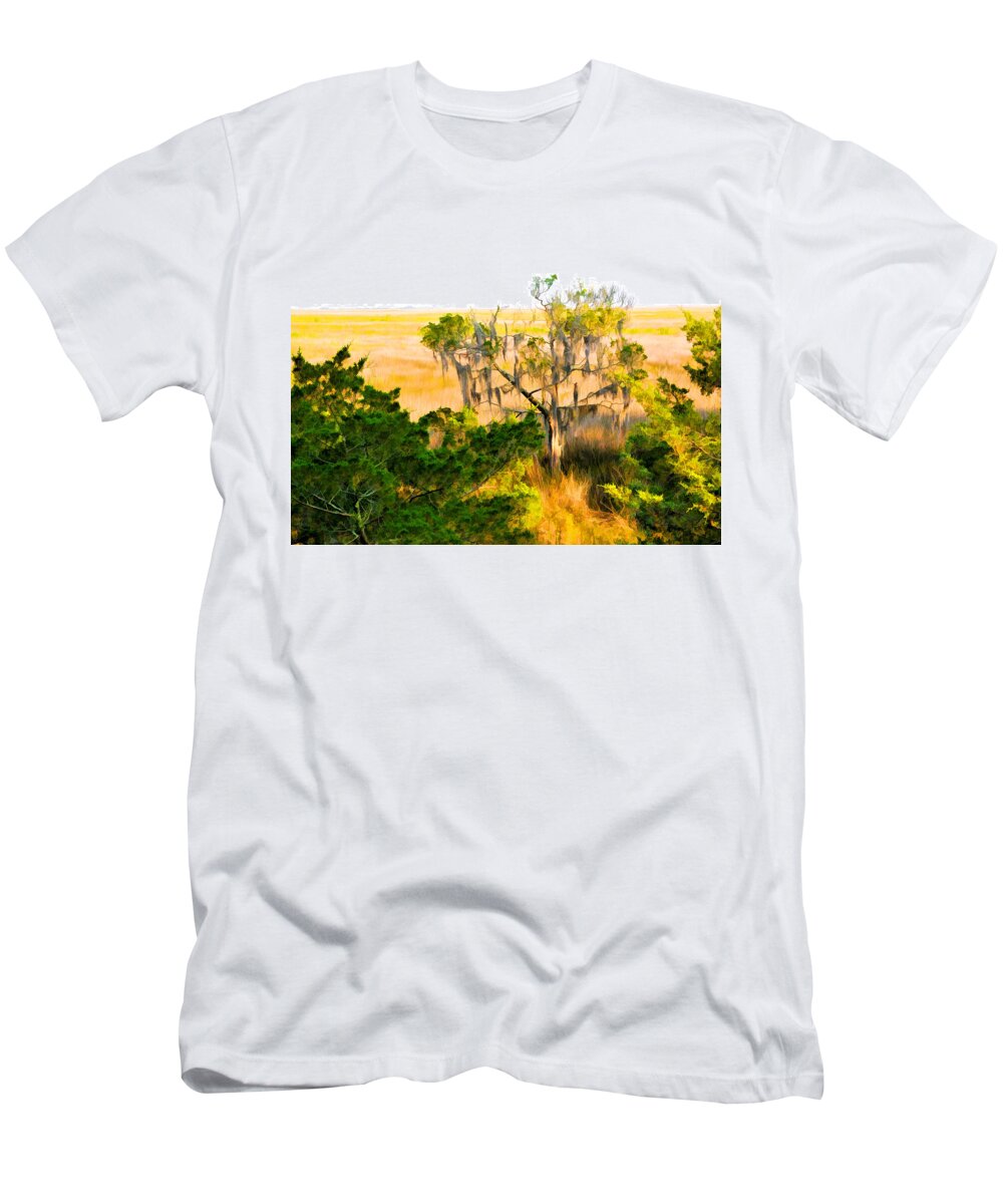 Marsh T-Shirt featuring the photograph Marsh Cedar Tree and Moss by Ginger Wakem