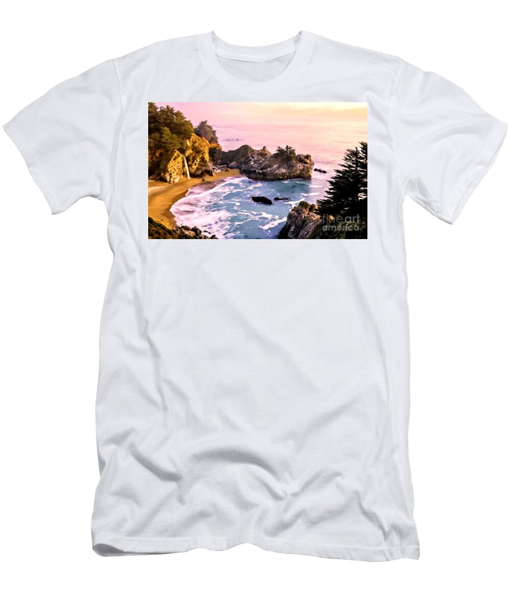 Beach T-Shirt featuring the painting McWay Falls Pacific Coast by Bob and Nadine Johnston
