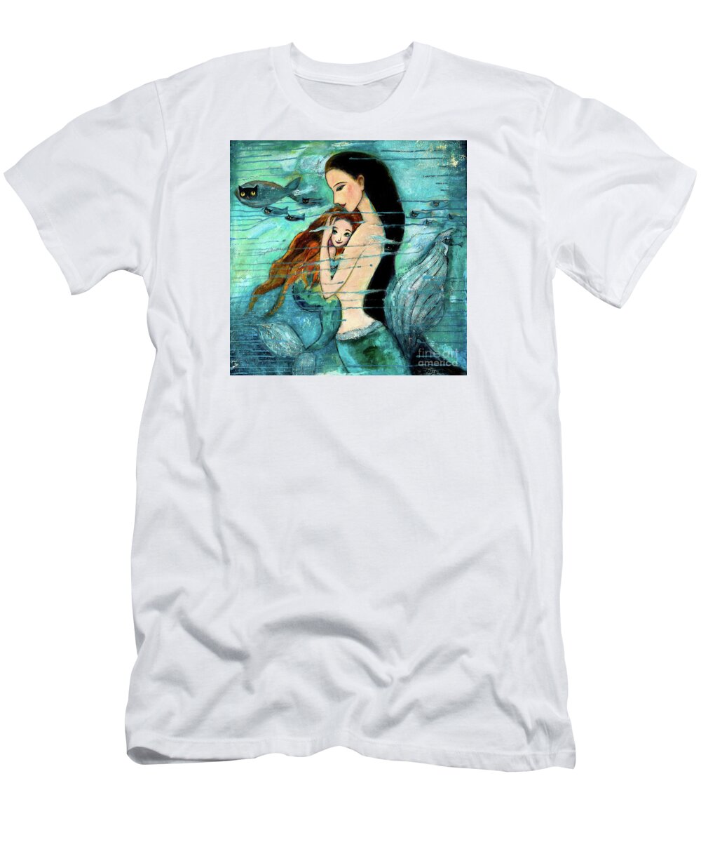 Mermaid Art T-Shirt featuring the painting Mermaid Mother and Child by Shijun Munns