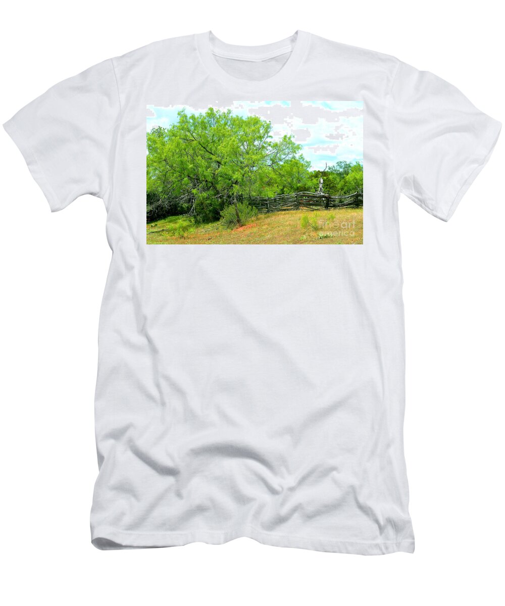 Texas T-Shirt featuring the photograph Mesquite Tree and Cedar Post Fence by Linda Cox