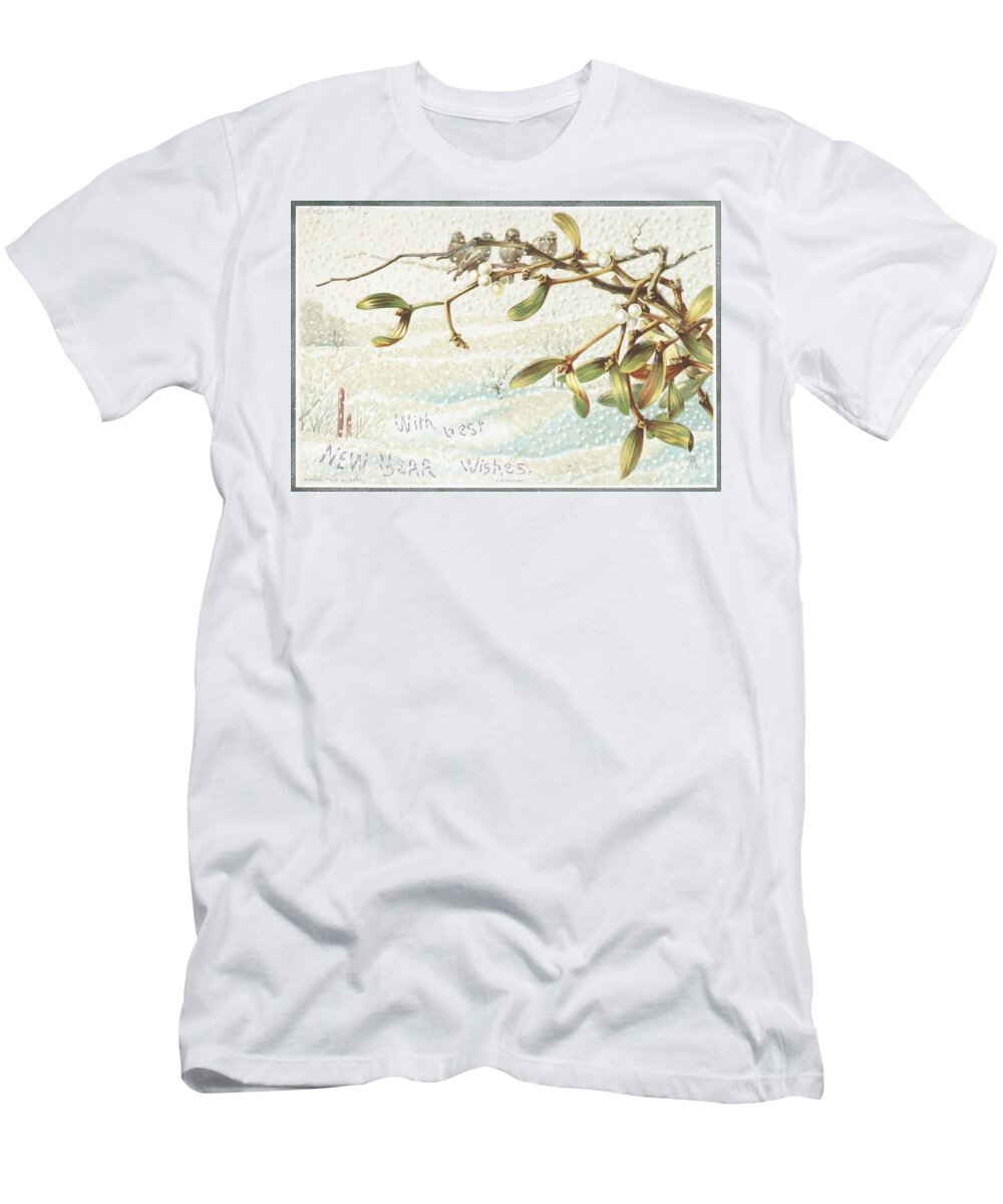 Greetings T-Shirt featuring the painting Mistletoe in the Snow by English School
